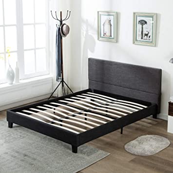 Upholstered Queen Size Platform Bed Frame with Headboard Wood Slats Modern Style